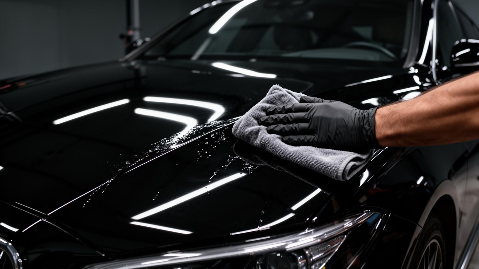 Glossy black luxury car being detailed by hand